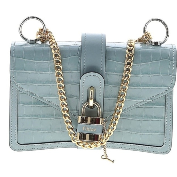 Chloe Sky Blue Croc-Embossed Crossbody Bag - Picture 1 of 12
